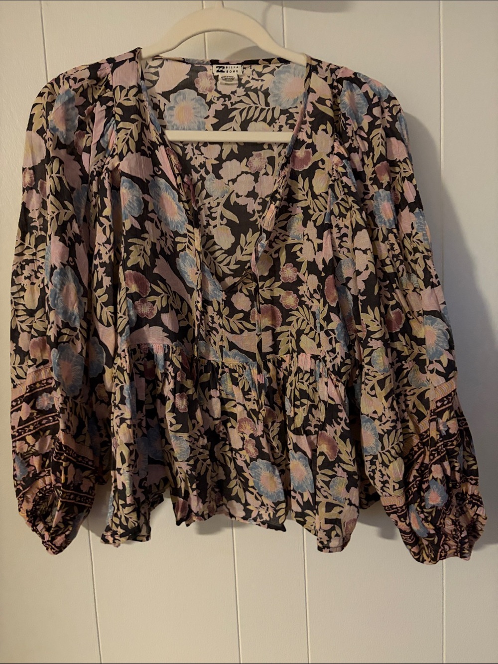 Billabong Black Floral Peasant Blouse with Pink & Blue Accents
